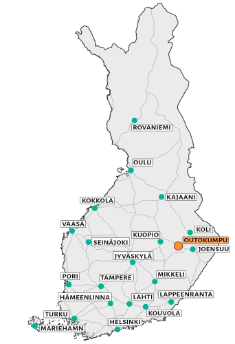 Kartta Suomesta, jossa merkitty Outokummun sijainti – Vanha Kaivos, saapuminen